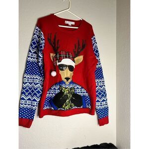 Jolly‎ Sweaters Ugly Christmas Reindeer Jingle Holiday Party Red Blue LARGE